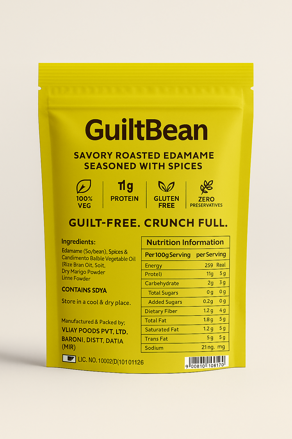 GuiltBean Masala Roasted Edamame | 11g Protein | 30g | Desi Spiced Protein Snack | Gluten-Free | Veg