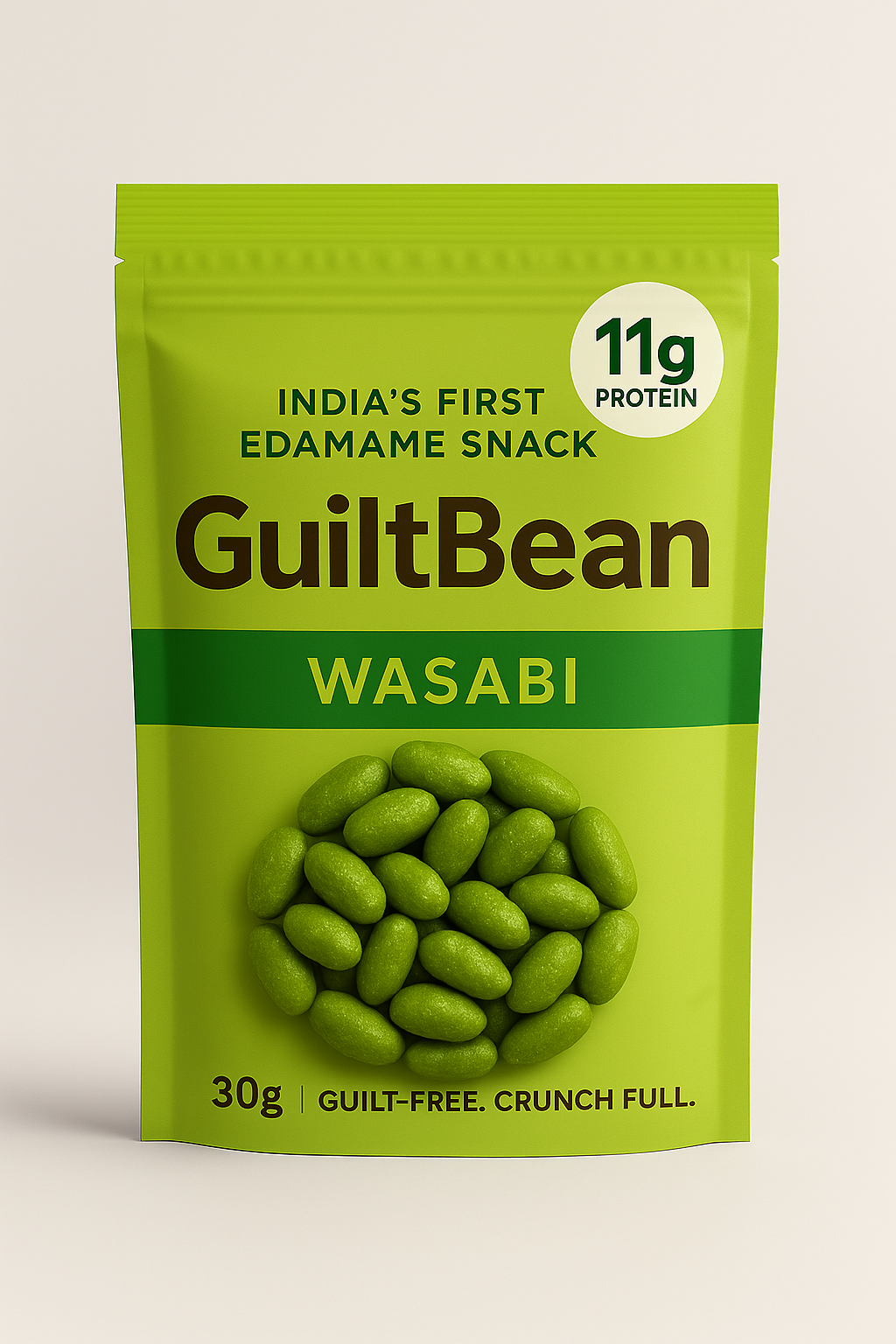 GuiltBean Wasabi Roasted Edamame | 11g Protein | 30g Pack | High Protein Snack | Spicy & Crunchy | 100% Veg